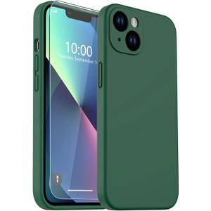 for iPhone 13 Case, Liquid Silicone Case with [Screen Protector] [Full Camera Protection], Soft Microfiber Lining Phone Case 6.1 inch (Dark Green)