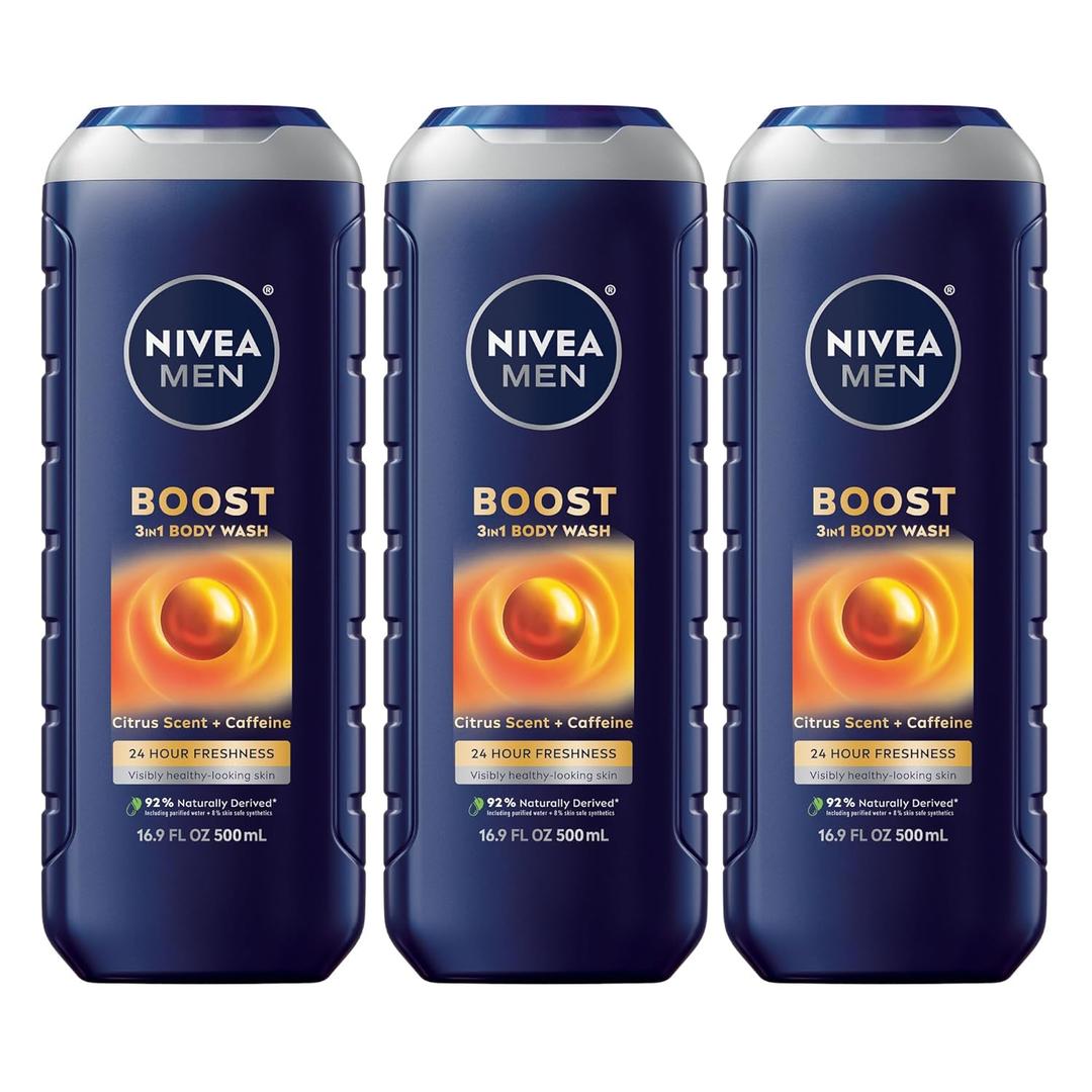 NIVEA MEN Boost Body Wash, Citrus Scent and Caffeine Enriched, 3-in-1 Men's Body Wash, Face and Hair, Paraben Free, Vegan Formula, 16.9 Fl Oz Bottle, Pack of 3