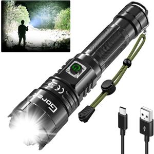 Goreit Linternas de alto lmenes recargables, 20000 lmenes XHP70.2 linterna LED USB sper brillante, linternas de mano de alta potencia para emergencias camping, IP67 impermeable, zoom