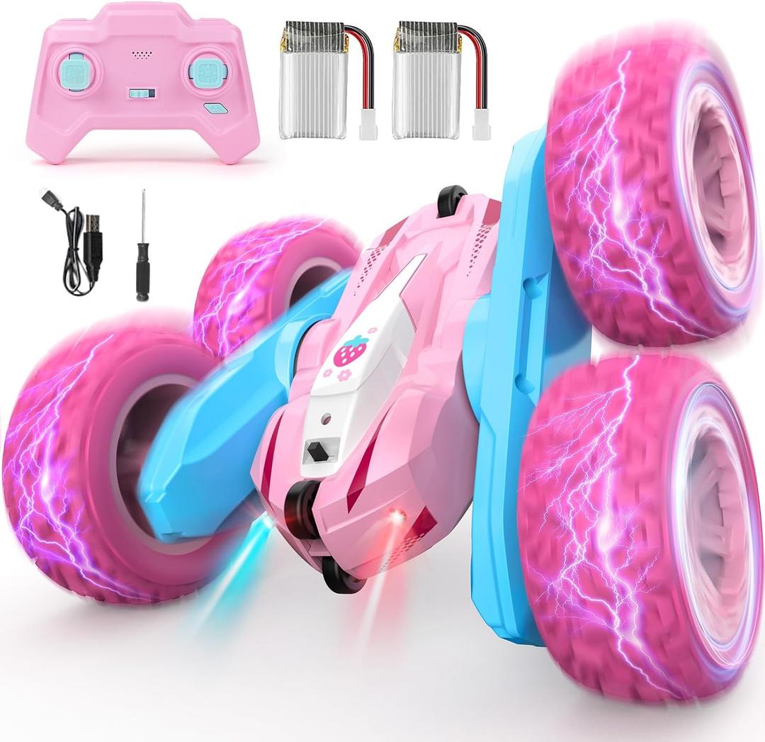 Remote Control Car, Pink RC Cars for Girls, Rechargeable RC Truck, 2.4Ghz Double Sided 360 Rotating Stunt Car Toy with Headlights, Birthday Gift for Kids Age 3+
