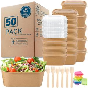 MINCOCO 50 Count Paper Bowls Disposable Meal Prep Containers with LidsIncludes 50 Wooden Forks + 100 Labels Salad Food Containers Freezer & Microwave Safe Leakproof Soup Bowls (19 Ounce, 50-Count)
