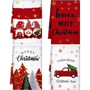Sratte 4 Pcs Red Christmas Kitchen Towels 16 x 24 Inch Merry Christmas Hand Towels Tree Gnome Truck Dish Cloths Absorbent Xmas Tea Dishcloths for Home Bathroom Xmas Kitchen Decor