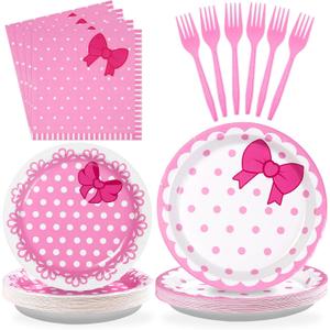 Grencian 96Pcs Pink Cat Party Decorations Pink Bow Cat Plates and Napkins Disposable Cute Cats Paper Tableware Set for Girls Baby Bridal Shower Birthday Wedding Party Supplies, Serves 24