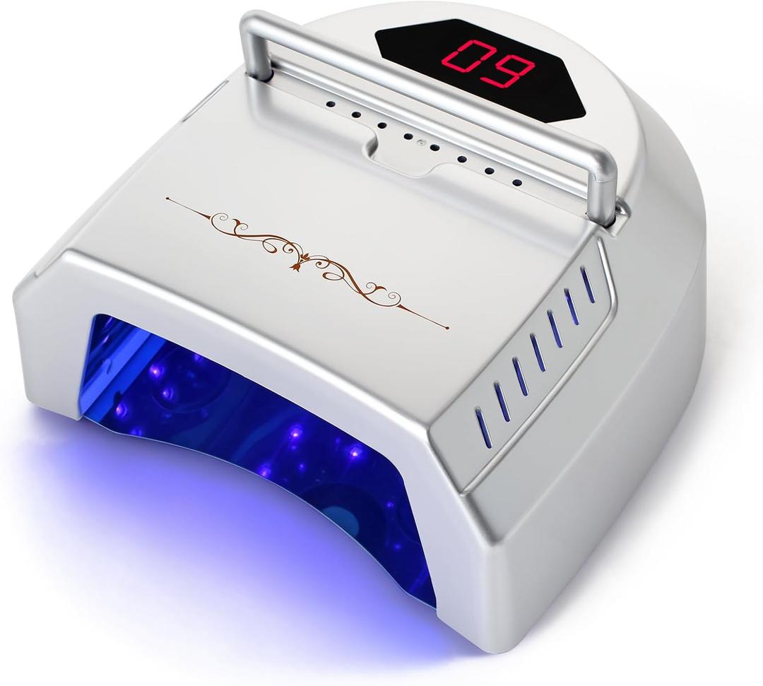 72W UV LED Nail Lamp with Fan, Rechargeable Cordless Nail Dryer, Professional Gel Polish UV Light with Portable Handle, LCD, Auto Sensor