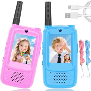 Video Walkie Talkies for Kids, 2 Pack Rechargeable Kids Walkie Talkies Long Range Outdoor Christmas Birthday Toddler Toys Gifts for 3-12 Year Old Boys Girls for Outside, Camping, Travel, Hiking (Blue+Pink)