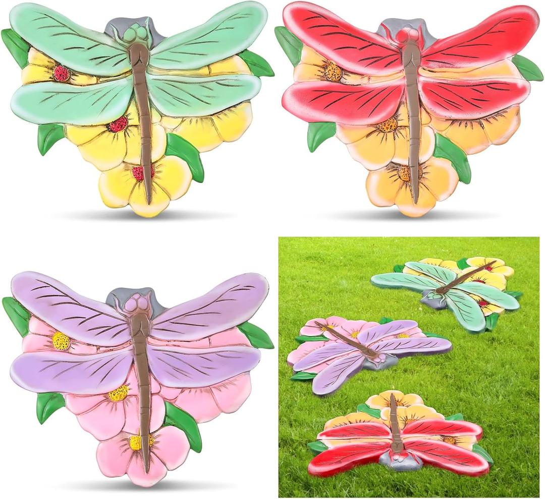 3 Pcs Dragonfly Stepping Stones Resin 7-10inch Decorative Stepping Stone Dragonfly Outdoor Garden Decorations for Garden Patio Walkway Sculpture Yard Art