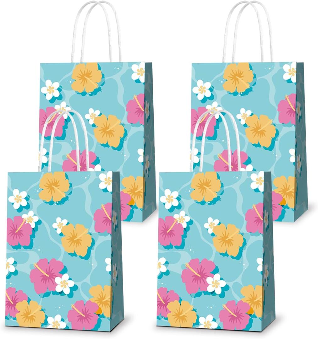 KERINGO 16 PCS Hibiscus Party Favor Hawaiian Themed Paper Bag with Handles Summer Tropical Gift Tiki Luau Treat Hawaii Goodie Bags Kids Birthday Party Supplies