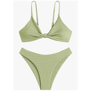 ZAFUL Women's Tie Knot Front Spaghetti Strap High Cut Bikini Set Swimsuit M