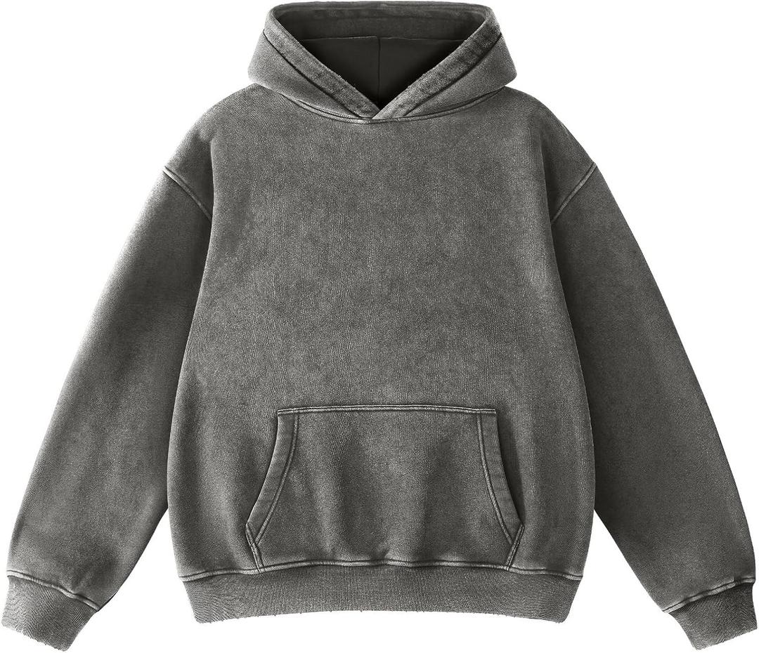 FAIABLE Mens Hoodies Oversized Unisex Acid Wash Hoodie Heavyweight Fleece Vintage Cotton Sweatshirt Men Women Streetwear (Grey) XL