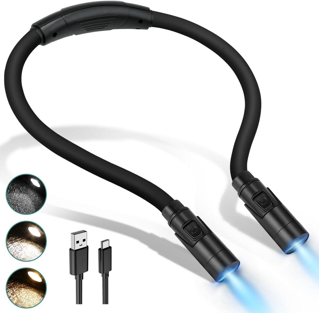 LUXJET Book Light for Reading and Crocheting Rechargeable Neck Light for Knitting and Repairing, Eye-Friendly Neck Reading Light with 3 Colours and Dimmable Brightness (Three Color Temperature (6000K-4000K-3000K), Black)