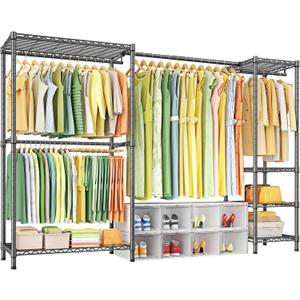 Ulif E10 Clothes RackWith Stretchable Hanger RodFreestanding Clothing Racks for Hanging ClothesAdjustable Closet Organizer SystemPortable Garment Rack 73-97" W x 15" D x 72" HMax Load 800LBSGrey