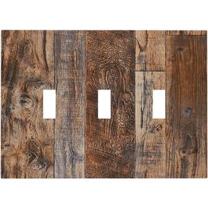 Rustic Brown Wood Grain 3 Gang Artistic Light Switch Covers Triple Toggle Wall Plate 3 Hole Electrical Switch Plate Covers Faceplate for Bathroom 4.8 X 6.7 IN