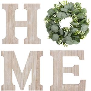 Wooden Home Sign Wall Hanging Decor Wood Home Letters for Wall Art with Artificial Eucalyptus Wreath Rustic Home Decor Farmhouse, Wall Decor for Living Room Entryway Housewarming Gift (Natural) (9.8L" x 9.3W")