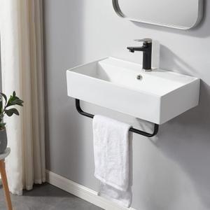 SHACO Wall Mounted Bathroom Sink with Towel Rack, 21" X 12" Modern Wall Mount Sink, Commercial Sinks for Small Bathrooms Wall Hung Sink, White Rectangular One Hole Porcelain Ceramic Bathroom Sink