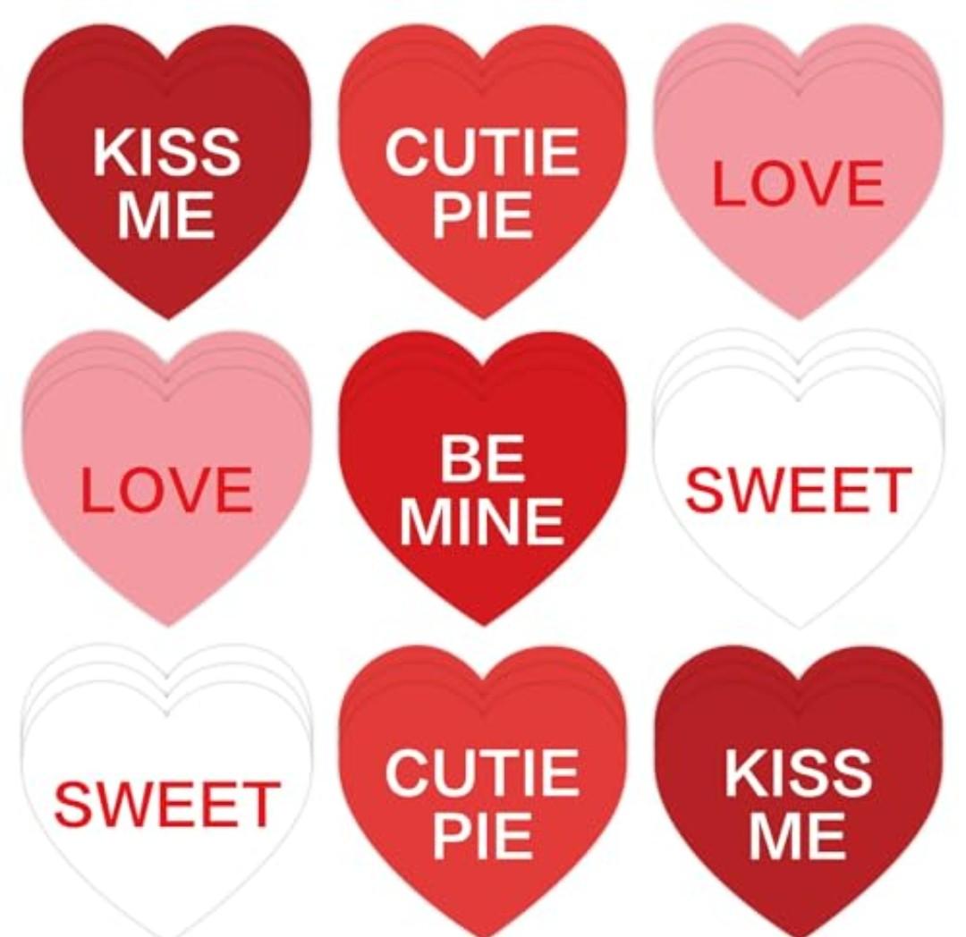 3 x FYSUIMU Valentine's Day Heart Cutouts Cut-Outs Red White Conversation Heart Paper Cutting with 100 Pcs Glue Points for School Classroom Bulletin Board Decor DIY Crafts Party, 50 Pcs