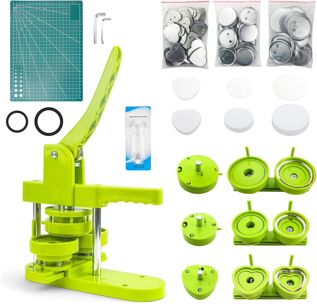 Button Maker Machine Multiple Sizes 2.25in+3in+2.24in Heart-Shaped (58/75mm/Heart), 3 in 1 Badge Press Machine with 60pcs Metal Button Parts & Circle Cutter & Cutting Mat for Pin Maker
