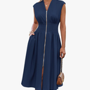 GRACE KARIN Womens Summer Casual Dress V Neck Cap Sleeve Zipper Front Flowy Midi Dress with Pockets Navy Blue S