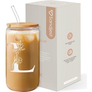 SANDJEST Monogrammed Gifts for Women - Monogram L Initial Glass Cup 16 Oz Can Coffee Cups with Lid and Straw - Monogram Initials Gifts for Womens on Birthday