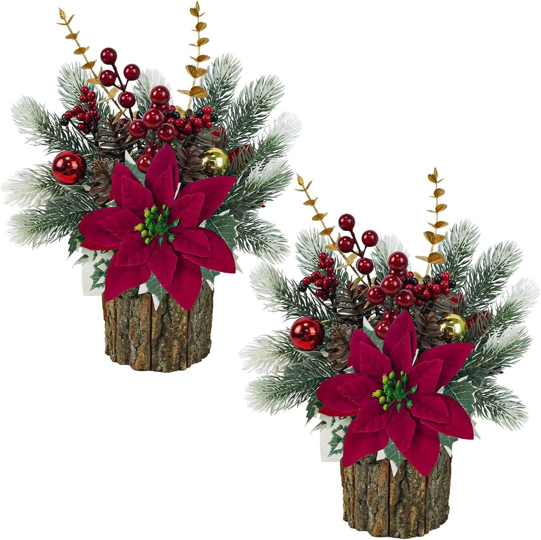 TORONTOKYO 2 Pack Small Christmas Tree Artificial Mini Tabletop Christmas Tree with Red Poinsettia Flower Berries Pine Cones Fake Potted Plant for Home Table Fireplace Mantel Indoor Xmas Decor (Red Green and Gold)