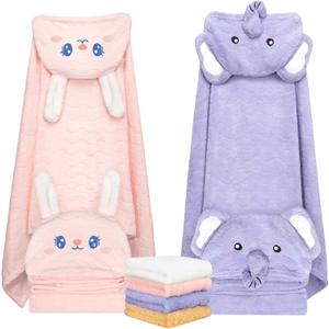 6 PCS Toddler Bath Towel Set for Boy Girl 0-5 Year, 2 PCS Thick Absorbent Hooded Baby Bath Towels Large 55" x 27.5" & 4 PCS Washcloths, Ultra Soft Gifts for Infant, Toddler, Kids, Rabbit & Elephant, 27.5 x 55in