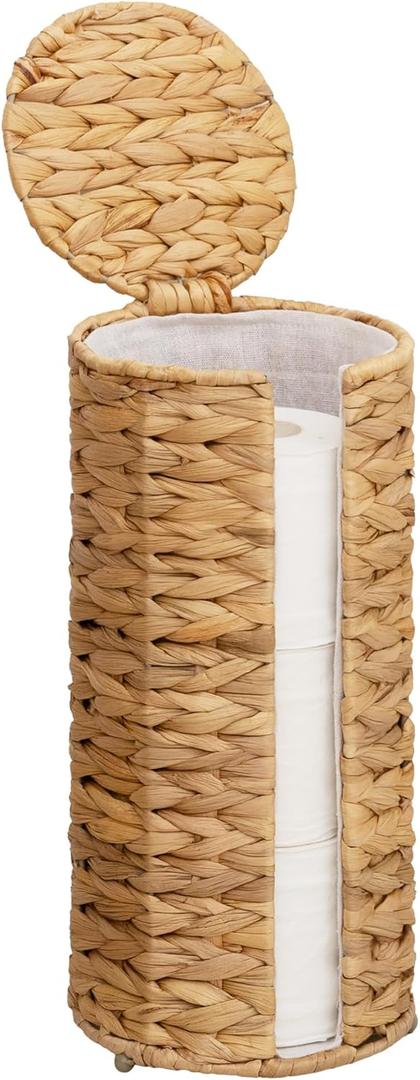 StorageWorks Water Hyacinth Free Standing Toilet Paper Holder Stand for Bathroom, 3 Rolls of Toilet Tissue Storage with a Built-in Cloth Lining, Toilet Roll Holder Stand with Lid