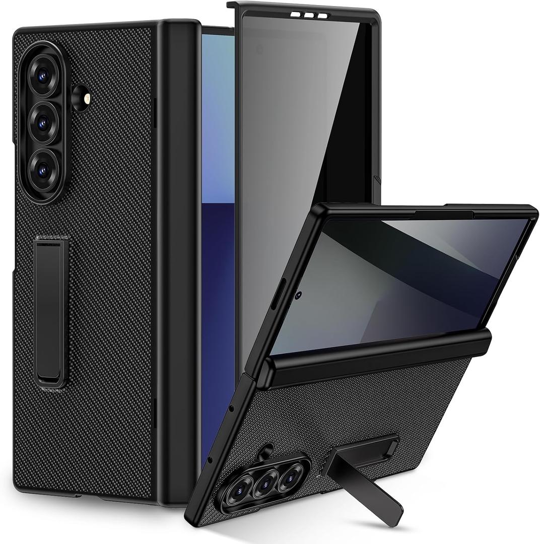 Ruky for Galaxy Z Fold 7 Phone Case with Kickstand, Full Body Case with Built-in Privacy Screen Protector & Magnetic Hinge Protection PU Leather Protective Case for Samsung Galaxy Z Fold 7 5G, Carbon