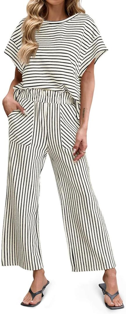 Tankaneo Womens Striped 2 Piece Sets Short Sleeve T Shirts Wide Leg Pants Matching Lounge Set with Pockets (Small) Tankaneo Womens Striped 2 Piece Sets Short Sleeve T Shirts Wide Leg Pants Matching Lounge Set with Pockets (Small)