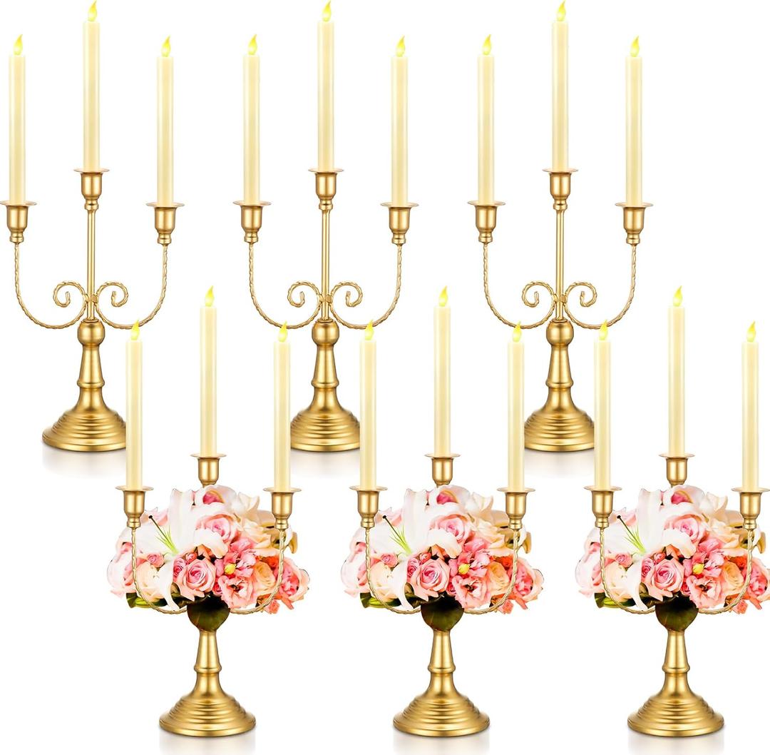 Hushee 6 Pcs Gold Candelabra Candle Stand Metal Candlestick Holder 3 Arm 12 Wedding Candlestick Holder for Theme Party Table Centerpieces Wedding Holiday Birthday Party