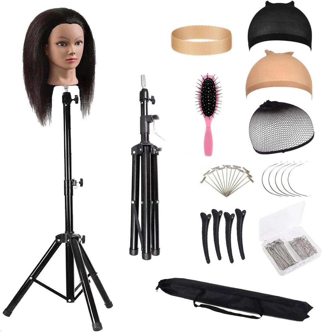 Reinforced Wig Stand Tripod 59" Heavy Duty Adjustable Mannequin Head Stand Tripod for Styling Cosmetology Hairdressing Training, Wig Head Stand Holder Set with Wig Caps,Comb T-Pins,Hair Clips,Headband (59" Black Tripod)