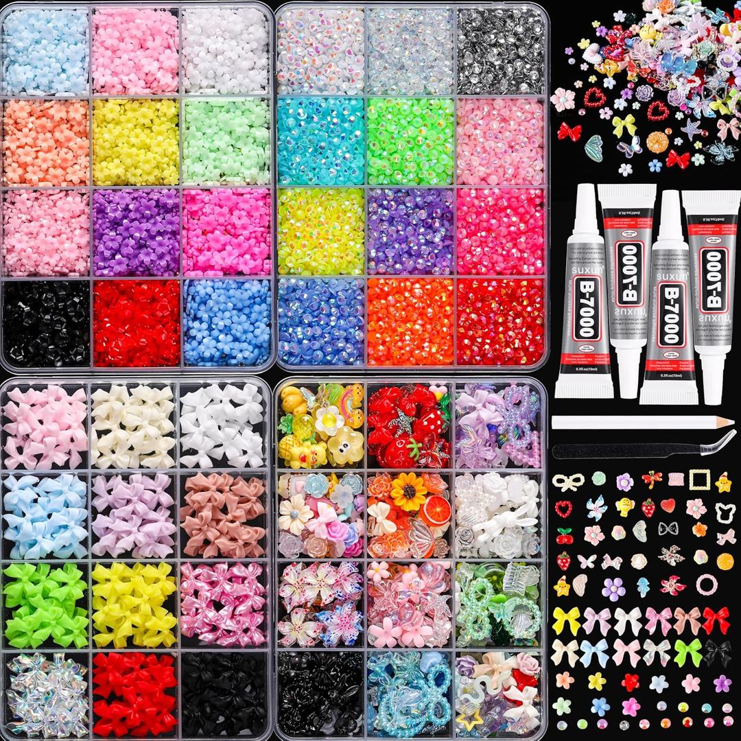 Colorful Macaron Nail Charms Kit, 4 Boxes Pastel Rhinestones Bowknot Flowers & Colorful Nail Art Accessories,Bedazzling Kit Multi-colored 3D DIY for Press On Nails,DIY Manicure