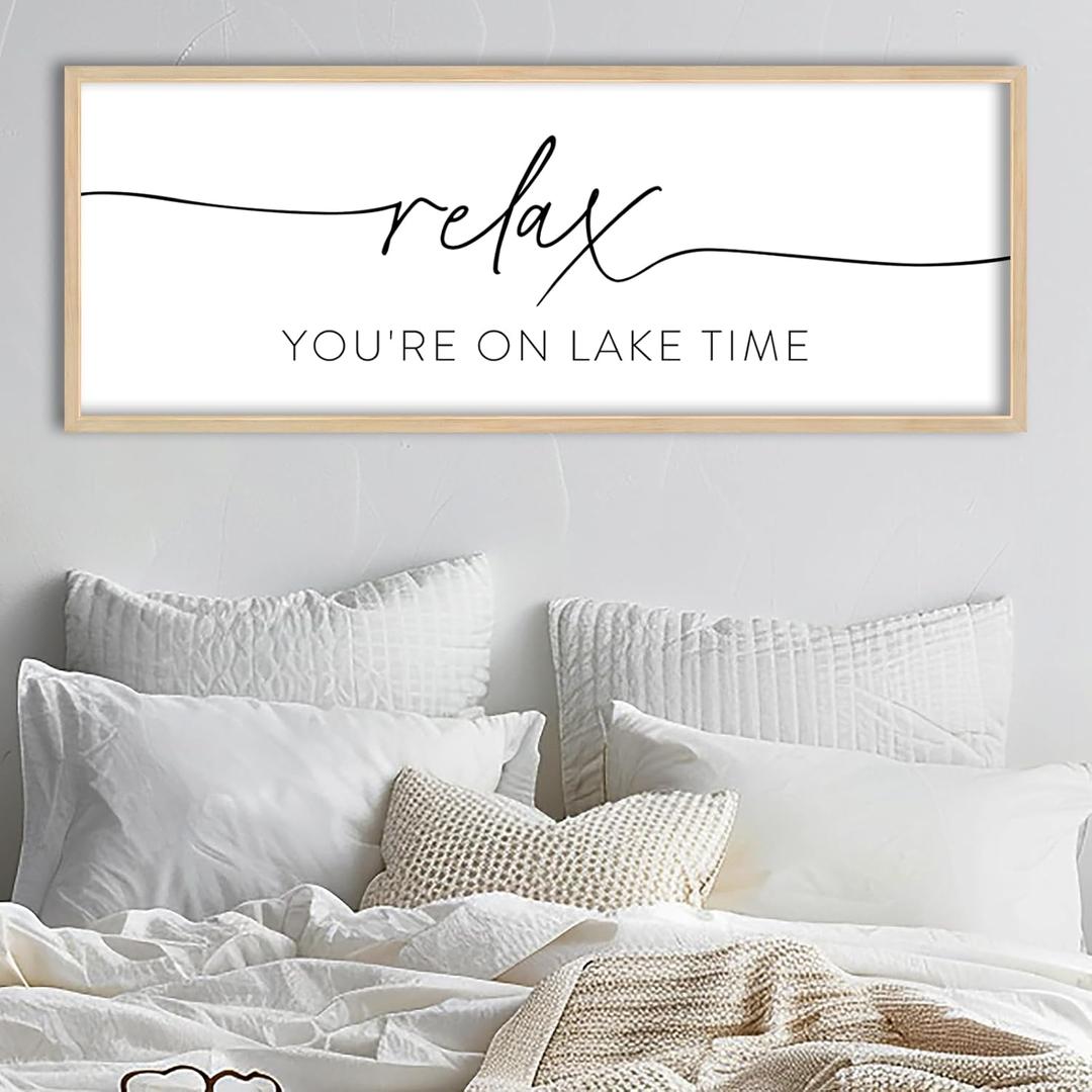 SRSZHIYUE Relax You're On Lake Time Wall Decor Above Bed Sign 32"12" for Lake House Bedroom Over Bed Large Vintage Wood Framed Farmhouse Gift For Lake Lover Home Hanging Art (Wood)