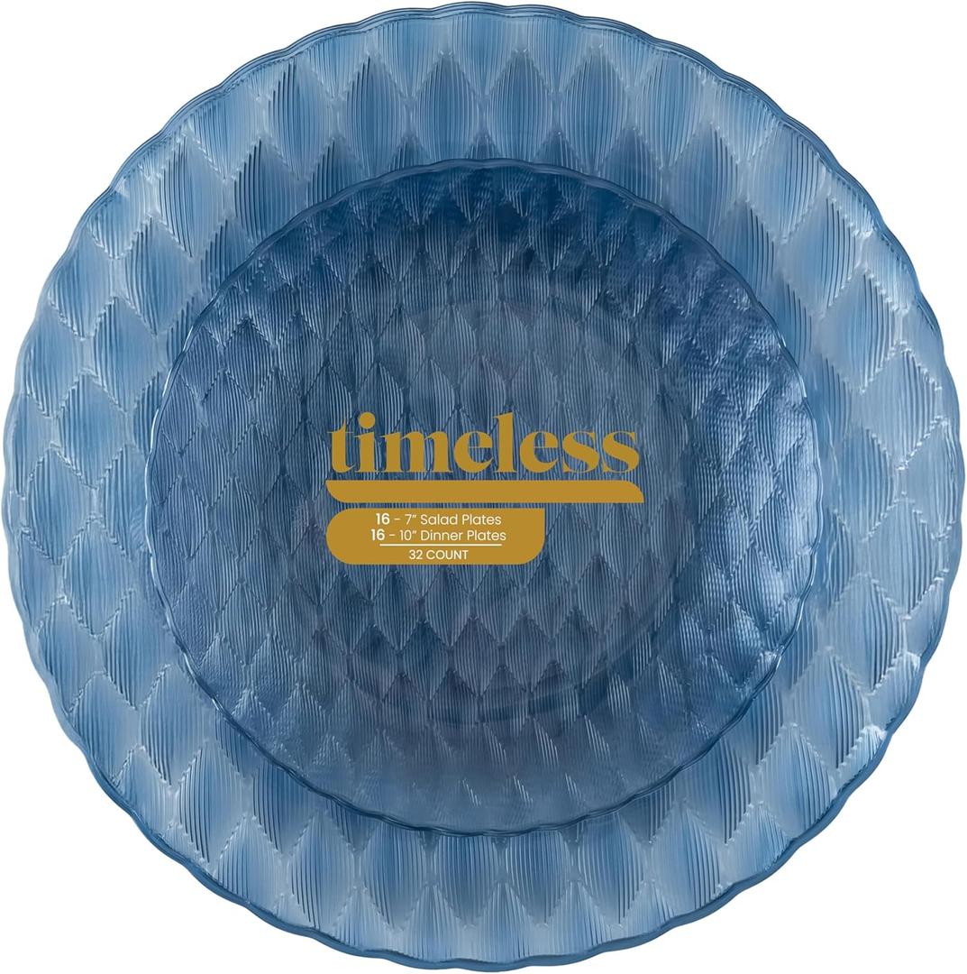 PLASTICPRO 32 Pack Plastic Dishes Set of 16-10 inch Plates and 16-7 inch Plates, Elegant Translucent Blue Disposable Fancy Tableware Premium Heavyweight