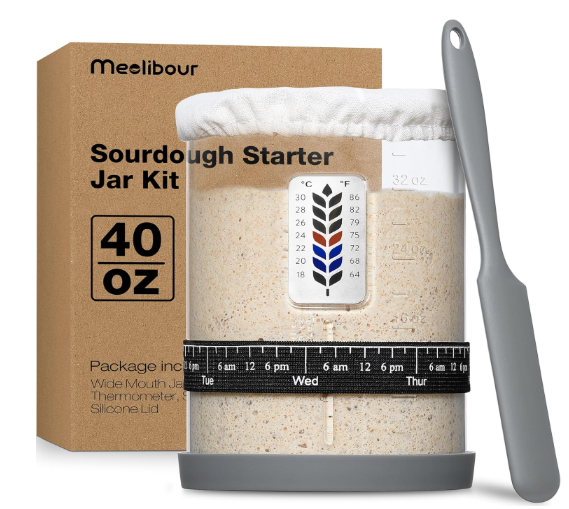 Premium Pro Sourdough Starter Jar Kit - 40oz Large Wide Mouth Sourdough Bread Jar with Marked Feeding Band, Thermometer, Scraper, Cloth Cover and Silicone Lid/Base, Glass Container, Baking Supplies