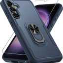 Compatible with Samsung Galaxy S24/S25 Case with Screen Protector Tempered Glass,Heavy Duty Shockproof Full Body Phone Cover Built in Metal Ring Holder Kickstand,2025 Navy Blue