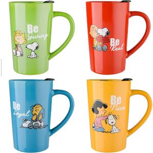 Peanuts Snoopy Gentle Reminders 18oz Travel Cup w/Lid, Stoneware, 4-Pack, Assorted Colors