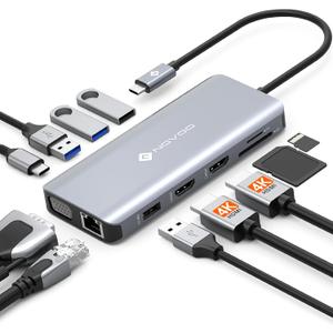 USB C Docking Station Dual HDMI Adapter, 11 in 1 Multi Display Docking Station Dual Monitor with 2 HDMI, VGA, 100W PD, 4 USB, USB C Hub Multiport Dongle Compatible with MacBook/Dell/HP/Lenovo Laptops (11 IN 1)