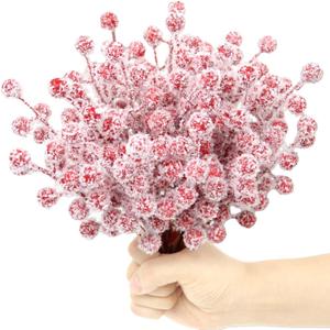 24 Pcs Artificial Holly Berry Stems Christmas Frosted Berry Picks Sprigs Snowy Red Berries Frosted Cranberry Picks for Christmas Tree Fillers Decoration DIY Crafts Home Party Winter Decor, 8.5inch