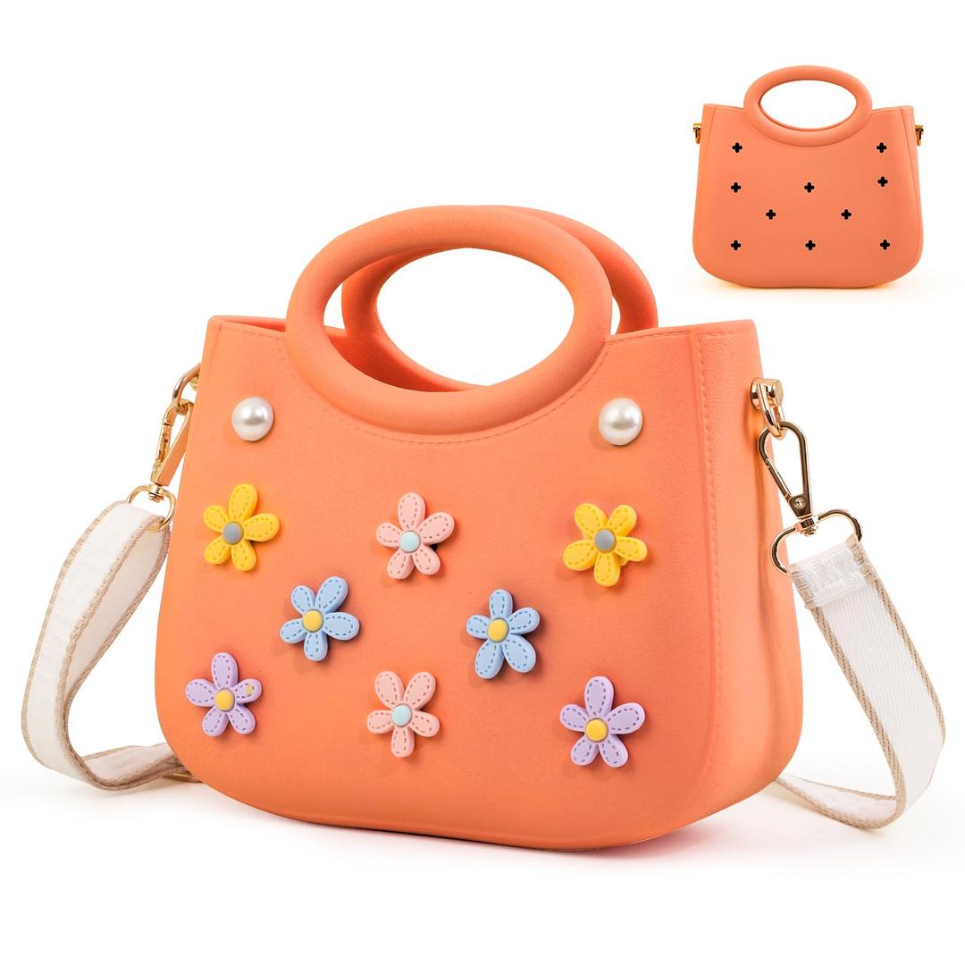 Small Rubber Beach Bag with Custom Charms & Strap for Girls & Women Cute Waterproof EVA Tote for Beach, Pool & Travel (Orange)
