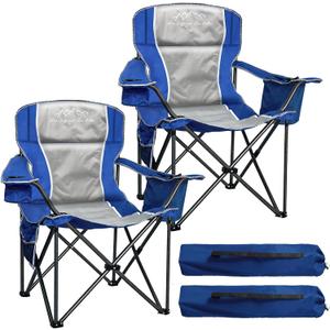 Camping Chairs for Adults Heavy Duty 500lbs Capacity, High Back Folding Chair with Thickened Steel Frame, Padded Portable Outside Chair with Cooler Bag, Cup Holder & Side Pocket, Blue, 2 Pack, 25''x25''x39.5''