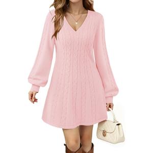 Womens V Neck Long Sleeve Cable Knit Fall Dresses Elegant Babydoll Sweater Dress (Large, Pink)