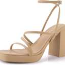 Shoe'N Tale Platform Heels for Women Strappy Block Chunky Heels Square Toe Ankle Buckle Sandals (8.5)