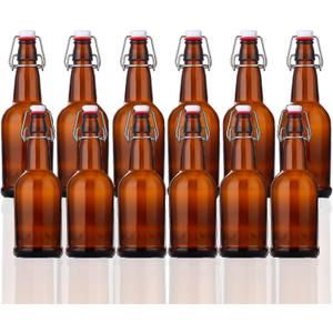 SureSave Beer Bottles with Easy Flip Top | 16 Oz Amber Glass Bottle Set with Airtight Cap for Kombucha, Carbonated Drinks, Brewing, and Fermenting (12 Pack)