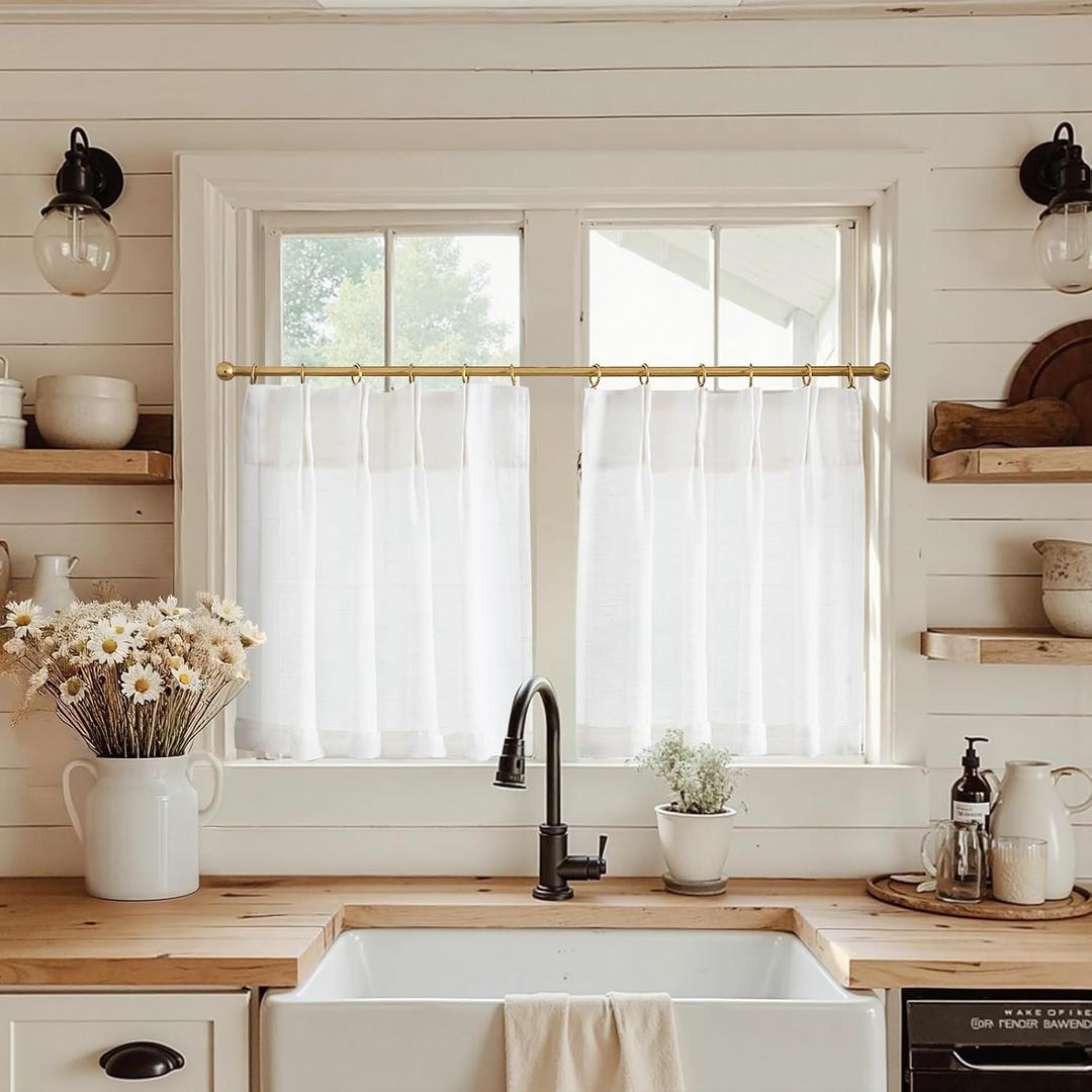jinchan Linen Pinch Pleated Kitchen Curtains 30 Inch 2 Panels, Natural Linen Tier Curtains Back Tab Farmhouse Cafe, Light Filtering Small Window Drapes for Bathroom Laundry Room Off White