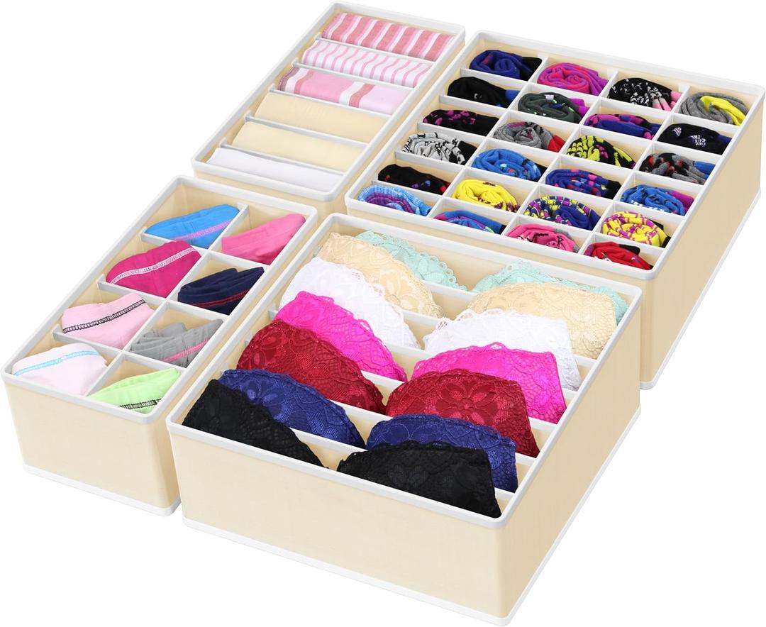 Simple Houseware 4-Pack Drawer Organizer Set - Closet Dividers for Underwear, Socks, Bras, Scarves, Ties - Foldable Non-Woven Storage Boxes, Beige (4 Pack - (6/7/8/24 Compartments))