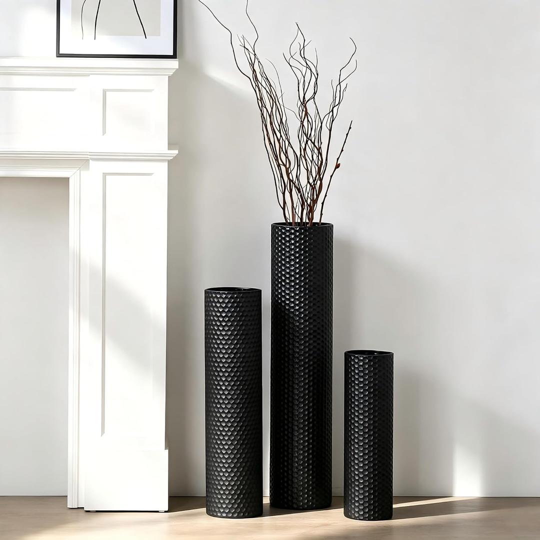 Black Tall Floor Vase Set of 3, Metal Cylinder Vases for Corner, 27.6in