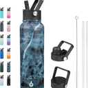 BJPKPK Insulated Water Bottles with Straw Lid, 40oz Stainless Steel Metal Water Bottle with 3 Lids, Reusable Thermos, Keep Cold Hot for Sports, Gym - Ocean