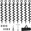 Ground Anchor Screw in, 8 Pack Spiral Trampoline Anchors with Nut and Tool Swing Set Anchors Tent Stakes High Wind Heavy Duty for Sheds, Carports, Mobile Home Black