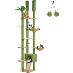 PEQULTI Tall Cat Tree, Floor to Ceiling Cat Tree Tower Adjustable [90.5''-100.4''=230-252CM] with Cat Condo, Cat Hammock and Scratching Post, Climbing Tree for Indoor Large Cats, Green