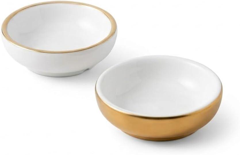 Elanze Designs Gold and White Jewelry Tray Set, Small 3 Inch Ceramic Trinket Dishes with Metallic Finish, Decorative Ring Holder Bowls for Vanity, Dresser, Nightstand, Set of 2