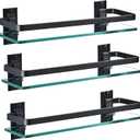AIJALY 3 Pack Bathroom Glass Shelf,Aluminum Tempered Glass 0.34in Extra Thick Rectangular 1 Tier Storage Organizer Wall Mount,Black 15.7in